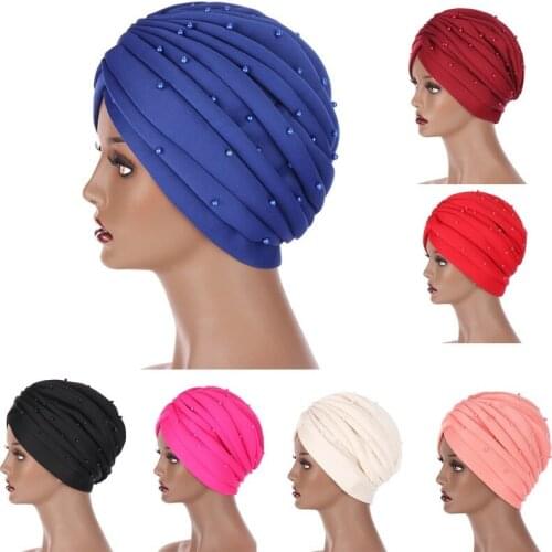 Muslim Elastic Ruffle Space Cotton Turban Hat Hand Sewn Beaded Muslim Head Cap for Female Latest Solid Color Turban for Women