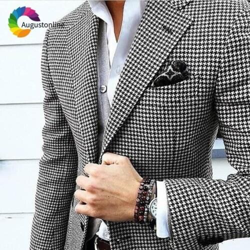Houndstooth Black And White Plaid Men Suits Costumes Prom Custom Slim Fit Casual Tailored Tuxedo 2018 Ternos Traje Hombre 2Piece
