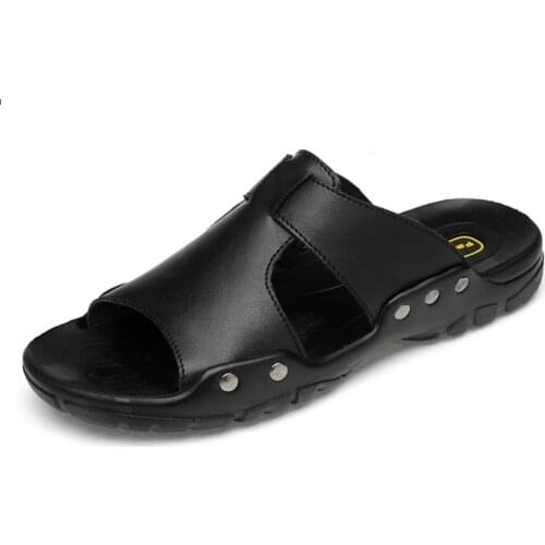 Leather Slippers Men 2021 summer Quality sandals Split leather Beach shoes hombre sandalias black Extra plus size 38~52
