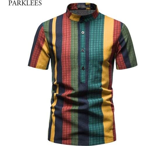 Mens Patchwork Baggy Cotton Linen Shirts Short Sleeve Banded Collar Button Summer Shirt Men Holiday Vacation Hawaiian Shirt 3XL