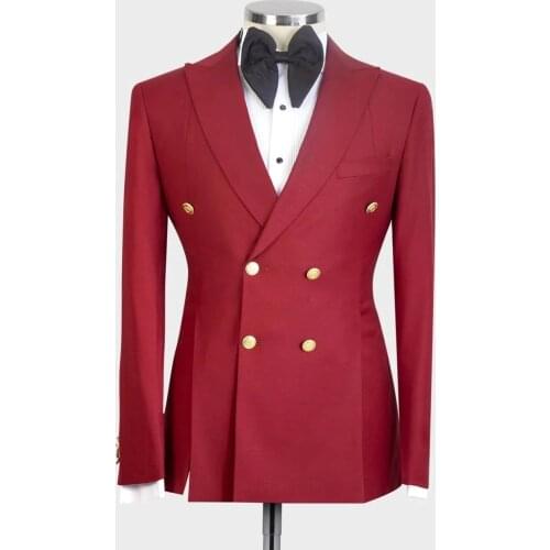 Costume Homme Burgundy Double Breasted Peak Lapel Mens Suits Wedding Suits Terno Masculino 2 Pieces Slim Fit Blazer Pants