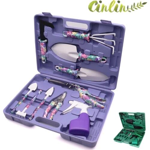Garden Hand Tools Set with Purple Floral Print Ergonomic Handle Rake Weeder Pruner Shears Sprayer Garden with Carrying Case