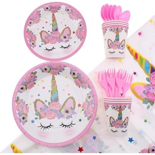 Unicorn Birthday Party Decors Disposable Tableware Kit Unicorn Balloon Cups Plates Napkin Kids Birthday Party Supplie Birthday