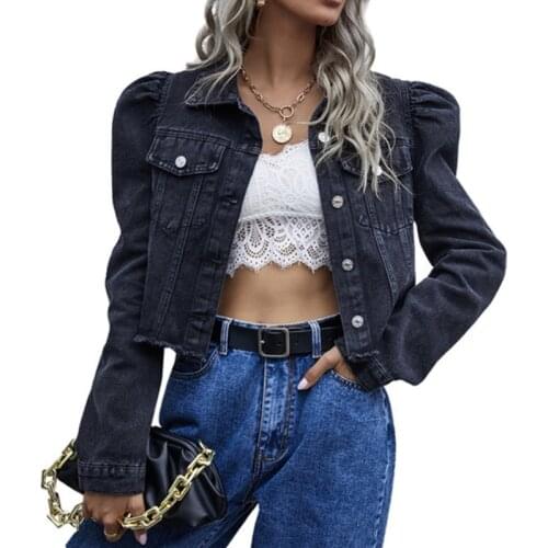Sexy Slim Jacket Fashion Denim Jackets Women Crop Top Puff Sleeve Short Tops Ladies Casual Denim Coat Party Club Winter Clothes