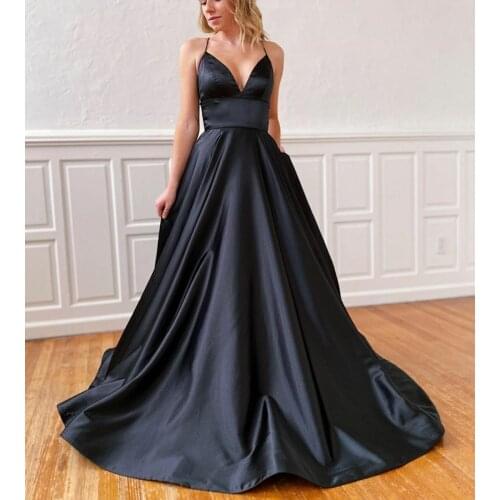 Sexy Long V-Neck Black Evening Dresses with Slit A-Line Satin Criss Cross Back Robes De Mariée Party Gowns For Women