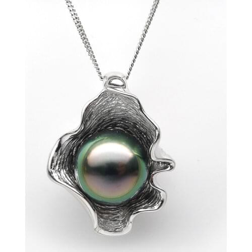 Luminous 11.5-12MM Real Tahitian Peacock Green Pearl Pendant 925 Sterling Silver