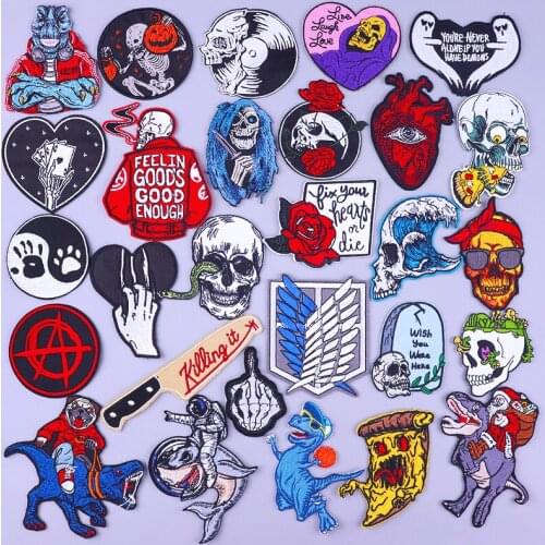 Punk Skull Iron On Patches Rock Embroidered Patches For Clothing Thermoadhesive Patches Stripes Grim Reaper Patch For Jacket DIY