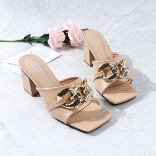 Brown Elegant High-heeled Womens Shoes Summer New Pointed Shallow Mouth Metal Chain Mary Jane Crude-heeled Womens Shoes