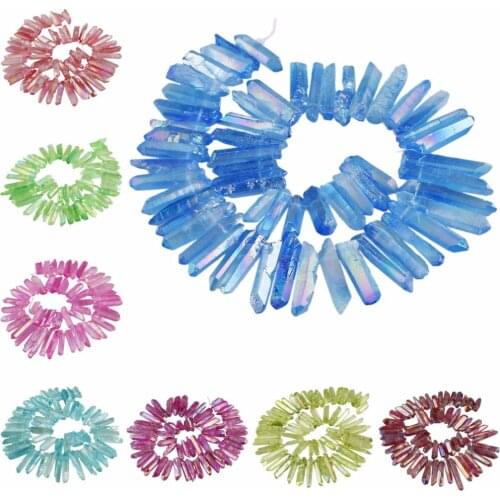 TUMBEELLUWA Crystal Points Titanium Coated Quartz Rough Sticks Spikes Point Beads 15 inch Strand Top Drilled