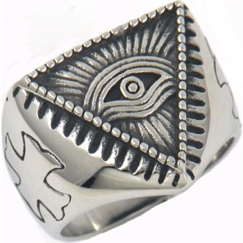 FANSSTEEL Stainless Steel Jewelry Freemonsry TRingle All Seeing Eye GODS with Cross Masonic Ring FSR12W05