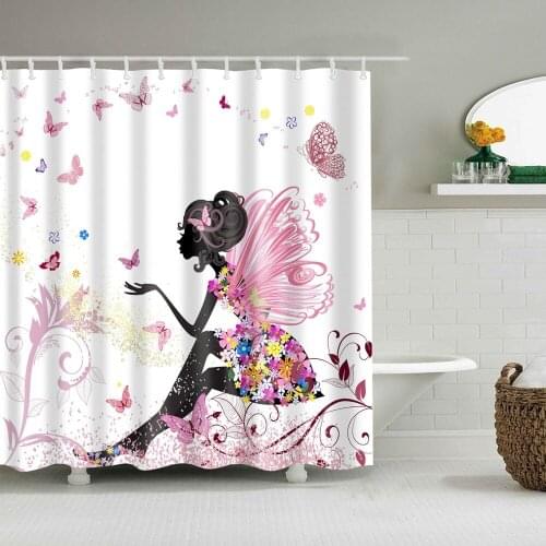 Dafield Girl Shower Curtain Fashion Fairy with Wings in a Floral Dress Fantasy Garden Flying Butterflies With Hooks