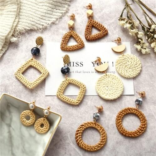 Bohemian Geometric Earrings For Women Round Square Triangle Handmade Rattan Weave Drop Dangle Earring 2019 Fashion Statement