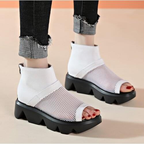 Women Sandals 2021 Summer Breathable Shoes Woman High Heeled Genuine Leather Sandalias De Mujer Thick-soled Platform Wedge Shoes