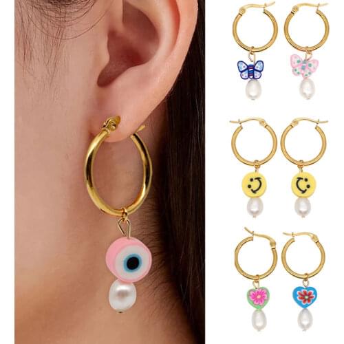 2021 Stainless Steel Gold Plated Big Hoop Earrings Women Bohemian Flower Smiley Butterfly Pearl Drop Dangle Earrings Aesthetic