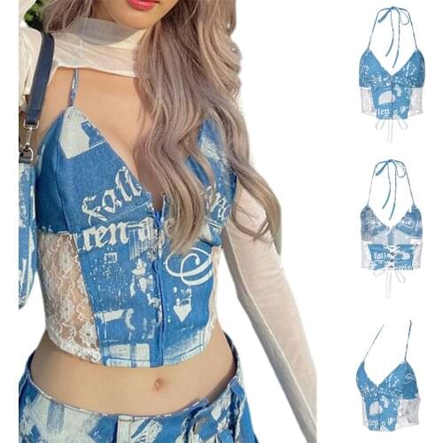 Women Summer Crisscross Fashion Lace-up Camisole, Sexy Sleeveless Halter Neck Zip Up Lace Patchwork Crop Cami Tops