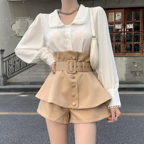 Runway Fashion OL Women Office 2 Piece Set Lace Patchwork Long Sleeve Blouse Shirt+High Waist Shorts Sets Korean Fall Pant Suits