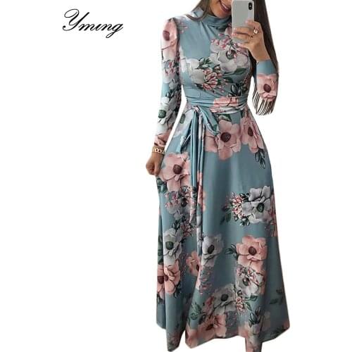 YMING Boho Long Maxi Dress Women Floral Print Party Long Sleeve Dresses Elegent Turtleneck Beach Dress Vintage Robe Femme XXXL