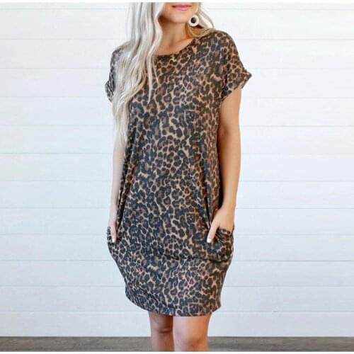 Summer women leopard print halter short skirt dress with pocket cuffs curled round neck pullover casual loose knee-length dress