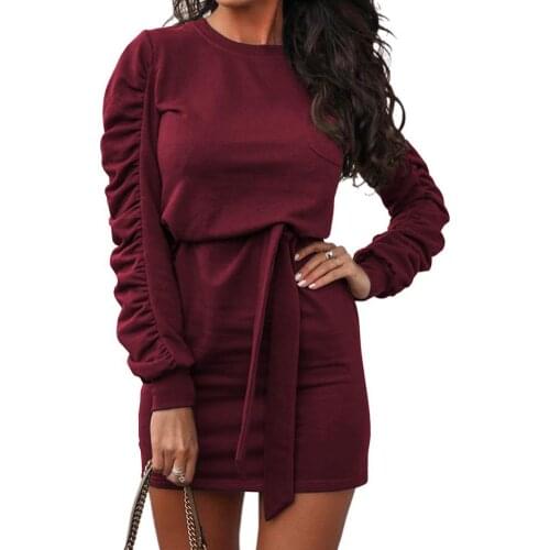 Women Dresses Fashion Ruched Puff Sleeve O Neck Solid Color Waist Bandage Mini Sweatshirt Dress платья для женщин 2021