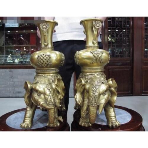 17" Palace Copper Brass Feng Shui Elephant treasures bottle Vase Pair