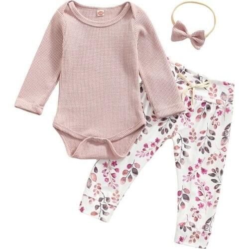0-24M Cute Newborn Baby Girl Long Sleeve Cotton Bodysuit Tops Floral Long Pant Headband 3PCS Baby Clothing Set