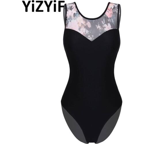 Black Women Sleeveless Ballet Dance Leotard Open Back Floral Print Gymnastics Bodysuit Female One Piece Monokini for Practice