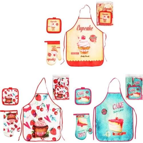 3pcs Apron Microwave Oven Gloves Insulation Pad Set Women Kitchen Cooking Aprons H3CC