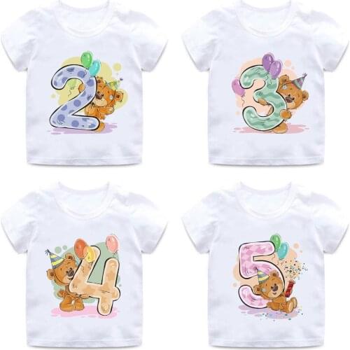 Boys/Girls Birthday Bear Number 1-9 Bow Print T shirt Baby Cartoon Winnie Funny T-shirt Kids Birthday Present Clothes