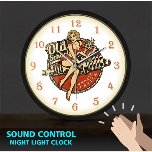 Garage Retro Car Repair Service Metal Frame LED Wall Clock Mechanic Horologe Spark Plug Pin Up Girl Sound Control Clocks Watch