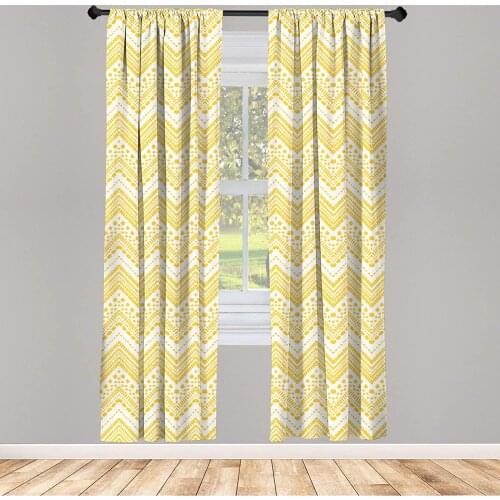 Mustard White Yellow Chevron Curtain Hand Drawn Aztec Pattern Motif with Dashed Lines Window Treatment Living Room Bedroom Decor