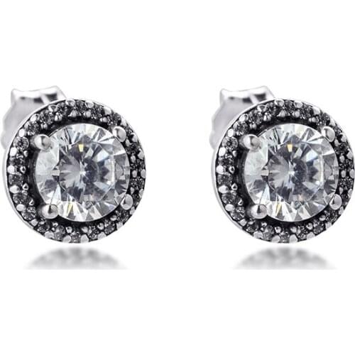 Classic Elegance Stud Earrings with Clear CZ 100% 925 Sterling-Silver-Jewelry Free Shipping
