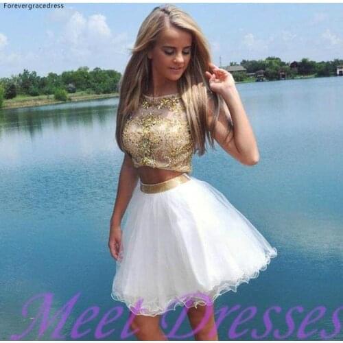 White and Gold Beaded Two Pieces Short Prom Dress A-Line Sweet 15 Graduation Homecoming Party Dress Plus Size Custom Made