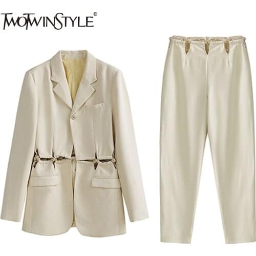 TWOTWINSTYLE Elegant Solid Two Piece Women Notched Long Sleeve Cut Out Top High Waist Wide Leg Pants Loose Womens Suits Stylish