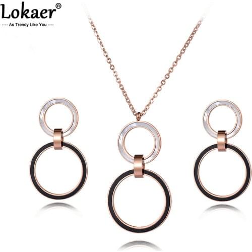 Lokaer White Shell Black Acrylic Double Circle Stainless Steel Necklace Earrings Bridal Sets Trendy Wedding Bands Jewelry SE024