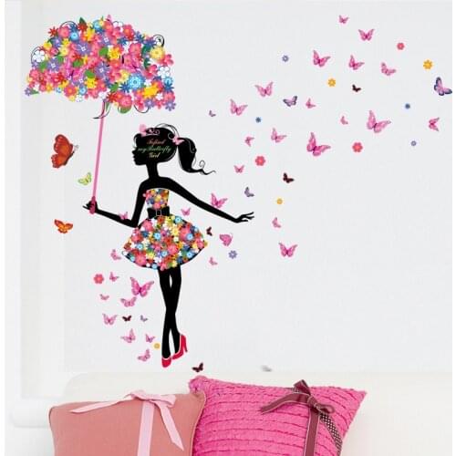 Cartoon Butterfly Fairy Floral Girl with Umbrella Wall Stickers for Girl Bedroom Children Room Wall Decals Colorful Flowers PVC