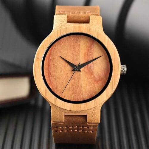 Unique Blooming Red Round Dial Bamboo Wood Case Mens Watch Quartz Wristwatch Genuine Leather Male Wrist Watches Gifts