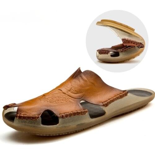 New Summer Mens Sandals Genuine Leather Breathable Shoes Roman Sandals Flats Man Slippers Roman Style Beach Sandals Hot Sale