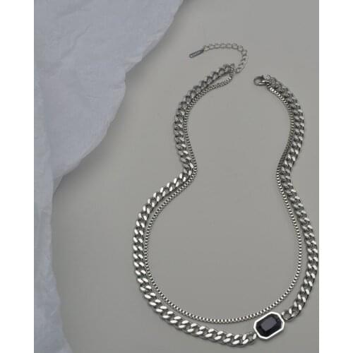 New Fashion Stainless Steel Black Zircon Double Couples Necklace Sliver Color Multilayer Pendant Party Jewelry Gifts For Women