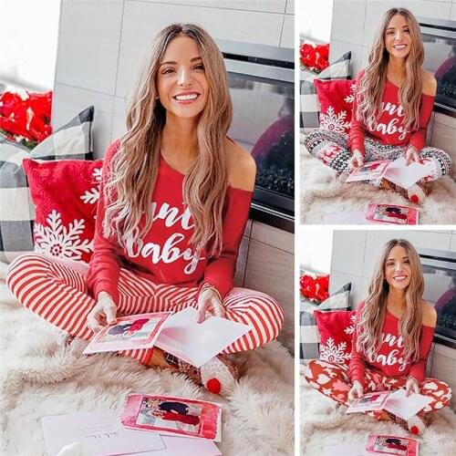 New Women Pajamas Long Sleeve Printing Pajamas Sleepwear 2 PCS Sets One-shoulder Tops & Pants Christmas Girl Xmas Gift Sleepwear