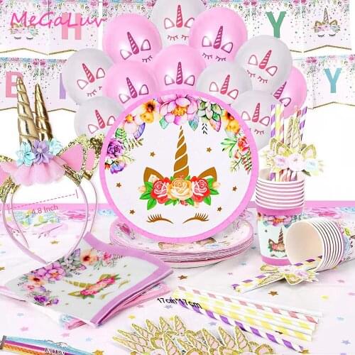 Unicorn Party Disposable Tableware Banner Kit Unicorn Balloon Cups Plates Napkin Kids Birthday Unicornio Baby Shoeer Party Decor