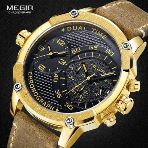 MEGIR Original Quartz Men Watch Big Dial Leather Sport Military Watches Men Double time zone Wristwatch Relogio Masculino 2018