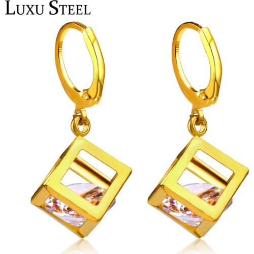 LUXUSTEEL Cubic Zirconia Dangle Earrings Hollow Gold Color Fashion Jewelry Wholesale/Retail Crystal Earrings For Women