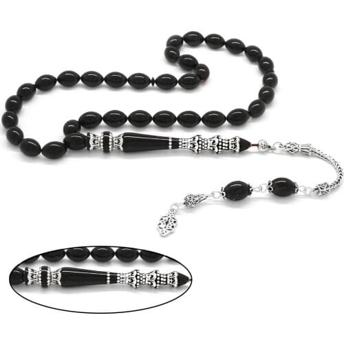 Tesbihane 925 Sterling Silver Tassels Silver Minaret Nakkaş İmameli Black Shrink Amber Prayer Beads