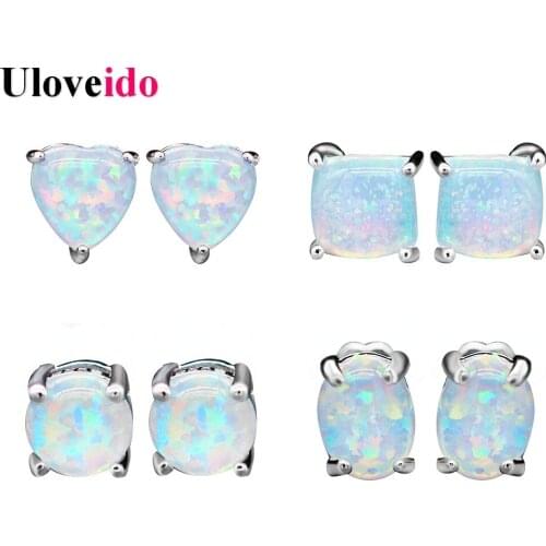 Uloveido 4 Pairs of White Fire Opal Wedding Earrings Sets Round/Oval/Rectangle/Heart Shape Stud Post Earrings for Women Y419
