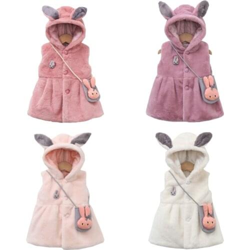 Cartoon Rabbit Ears Thicken Fur Vest Coat with Bag Hooded Toddle Baby Girls Children Clothing 1-6 Year Cute Winter Jumpsuit