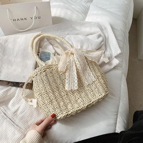 2021 New Summer Handmade Bags for Women Beach Weaving Ladies Straw Bag Wrapped Beach Bag Moon shaped Top Handle Handbags Totes