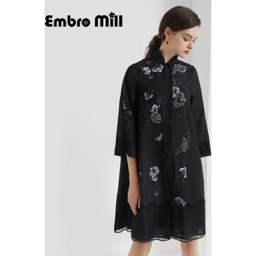 Spring And Summer New Tencel Fabrics + Lace Embroidered Blouses Long Stand Collar Three Quarter Sleeve Lady Coat M-XXL