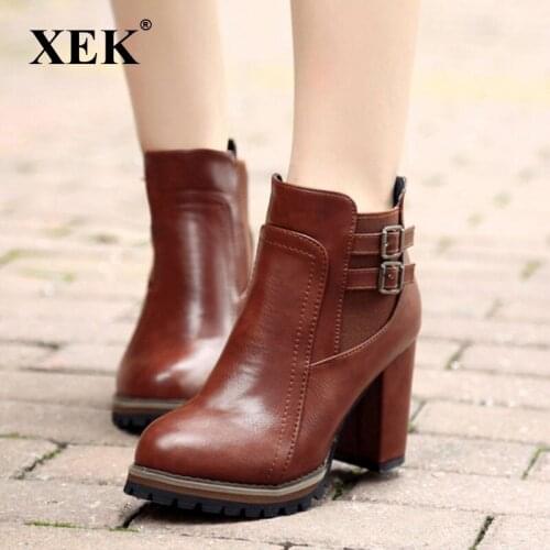 XEK 2018 Fashion Black Boots Women Heel Spring Autumn Soft Leather Platform Shoes Woman Party Ankle Boots High Heels ZLL390