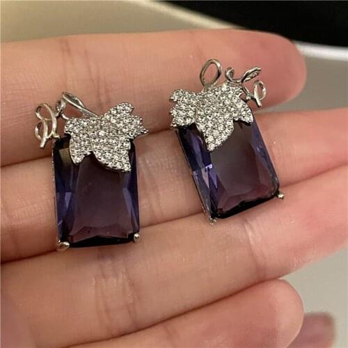 Origin Summer Vintage Purple Color Square Crystal Hanging Dangle Earrings for Women Sparkly Rhinestone Leaf Earring Wholesale