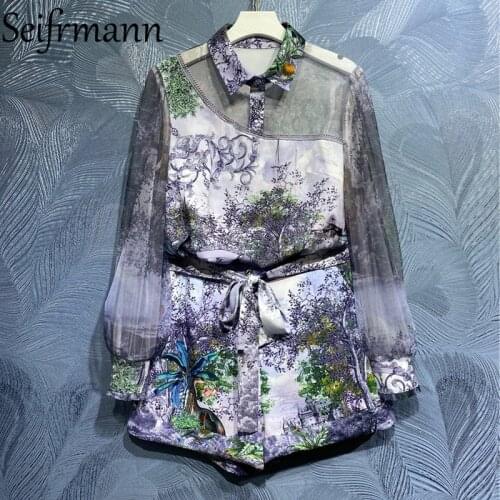 Seifrmann New 2021 Summer Women Fashion Runway Shorts Set Lantern Sleeve Loose Tops + High Waist Shorts Suits 2 Two Pieces Suits